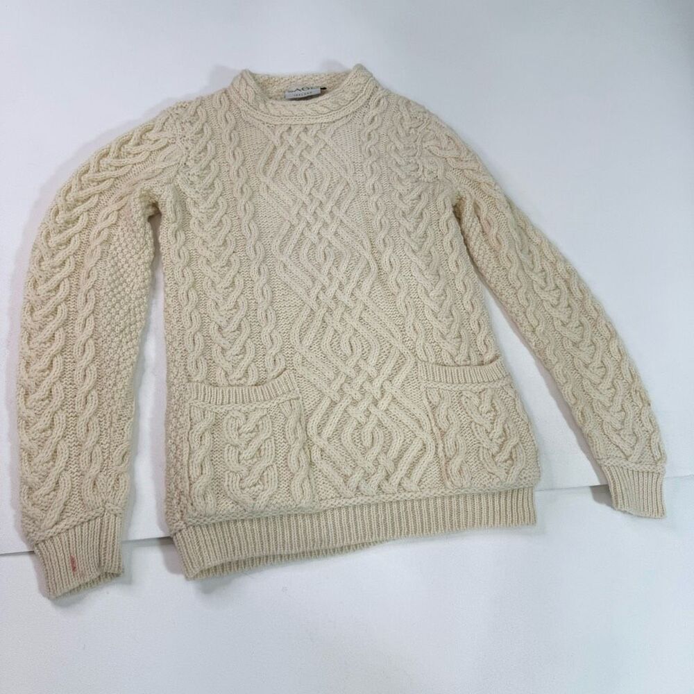 SAOL Ireland Sweater Womens Small Cream Cable Knit 100% Merino Wool Fisherman*